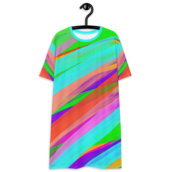 Harajuku oversize t-shirt dress in hedeko kei bright colourful paint stripes. Wearable art. Yume kawaii fashion, clubbing outfit. Stripy ravewear and clubbing outfit. Rainbowcore aesthetic