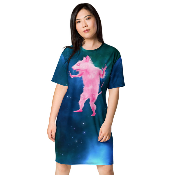 Space Rat T-shirt Dress | Funny Graphic Long Shirt Tee | Pink Pastel Punk Mouse | Celestial Animal Meme Shirt | Trending Festival Clothing