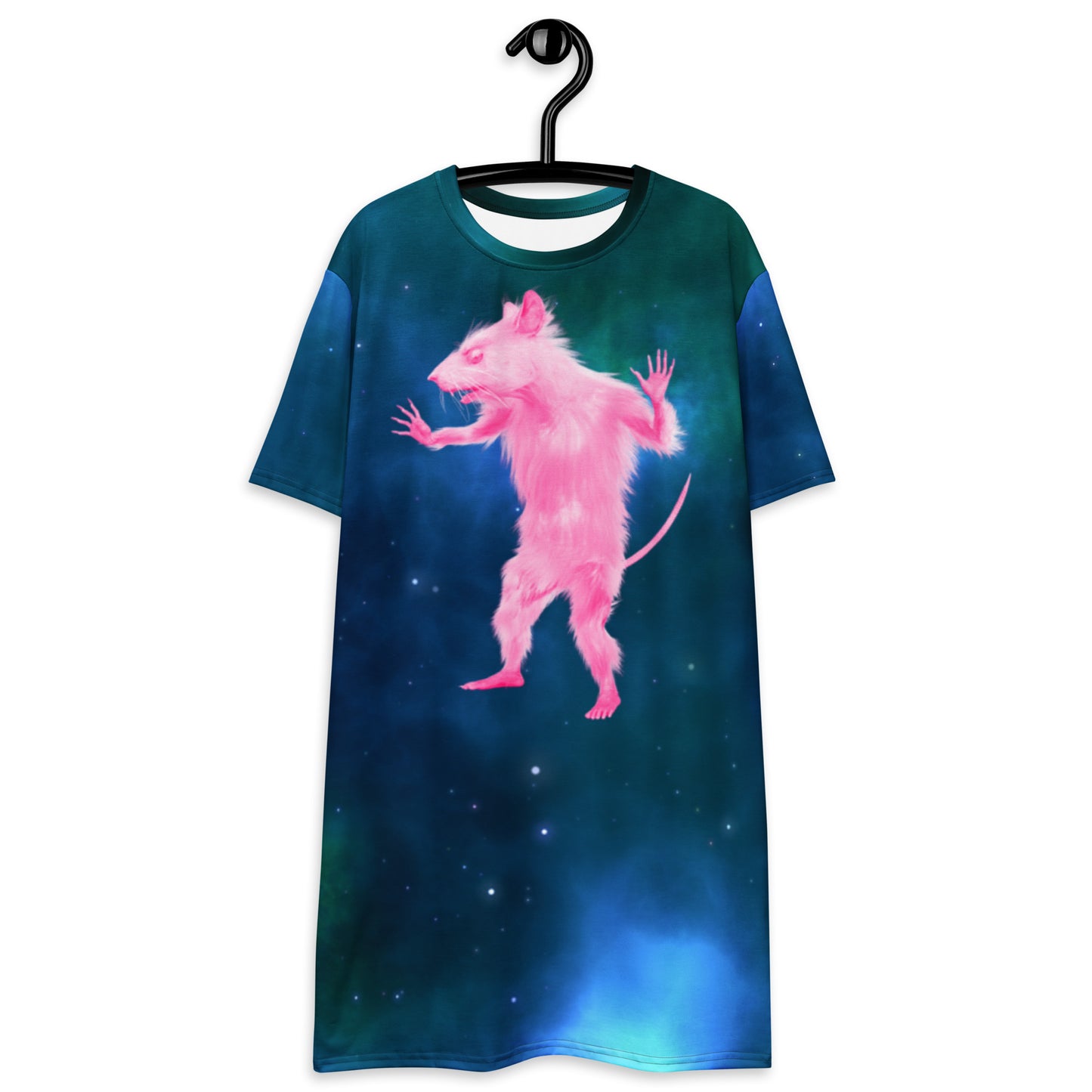 Space Rat T-shirt Dress | Funny Graphic Long Shirt Tee | Pink Pastel Punk Mouse | Celestial Animal Meme Shirt | Trending Festival Clothing