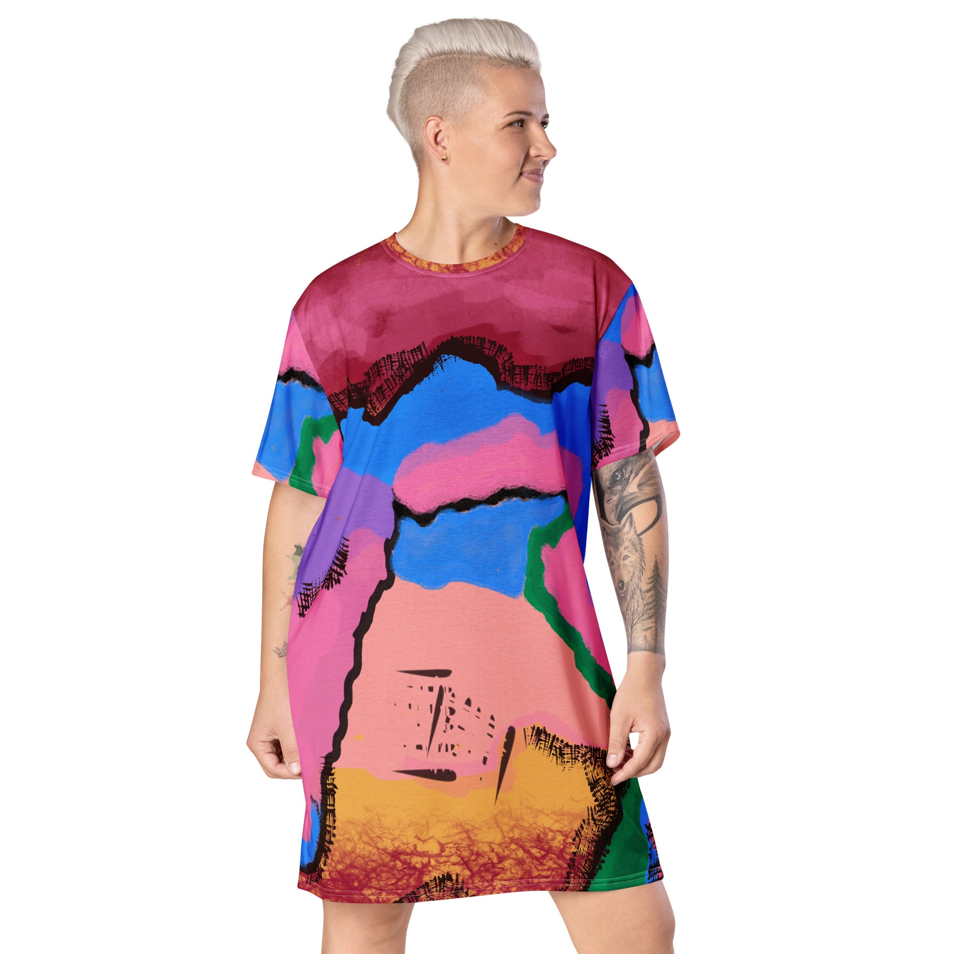 Abstract Art T-shirt dress | Pastel Goth Tie-Dye Style Graphic Shirt Dress | Festival Outfit | Clubbing Rave Gear. Purple, blue, pink, orange and green paint color blocks with a black outline.