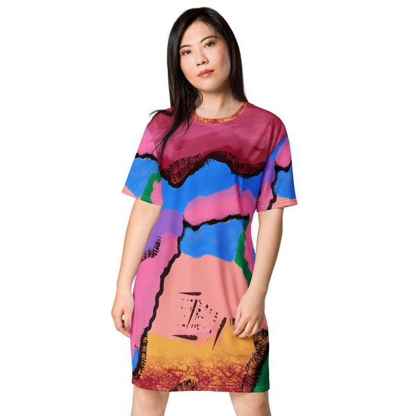 Abstract Art T-shirt dress | Pastel Goth Tie-Dye Style Graphic Shirt Dress | Festival Outfit | Clubbing Rave Gear. Purple, blue, pink, orange and green paint color blocks with a black outline.
