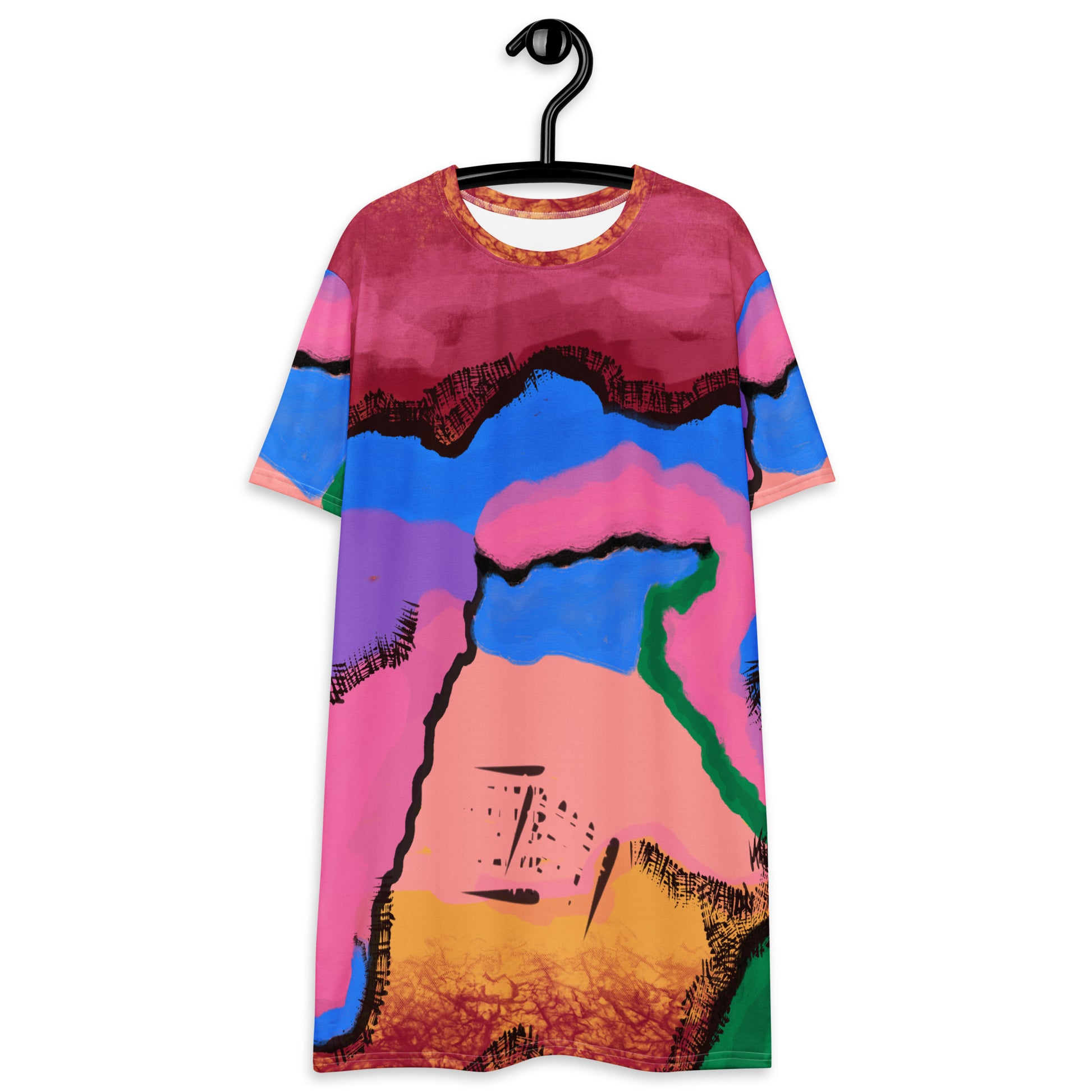 Abstract Art T-shirt dress | Pastel Goth Tie-Dye Style Graphic Shirt Dress | Festival Outfit | Clubbing Rave Gear. Purple, blue, pink, orange and green paint color blocks with a black outline.