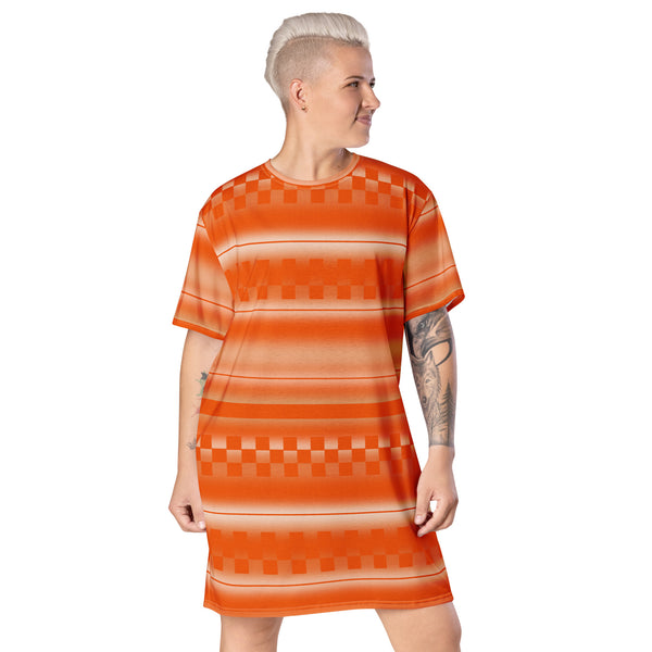all-over print graphic t-shirt dress with an orange geometric and linear pattern