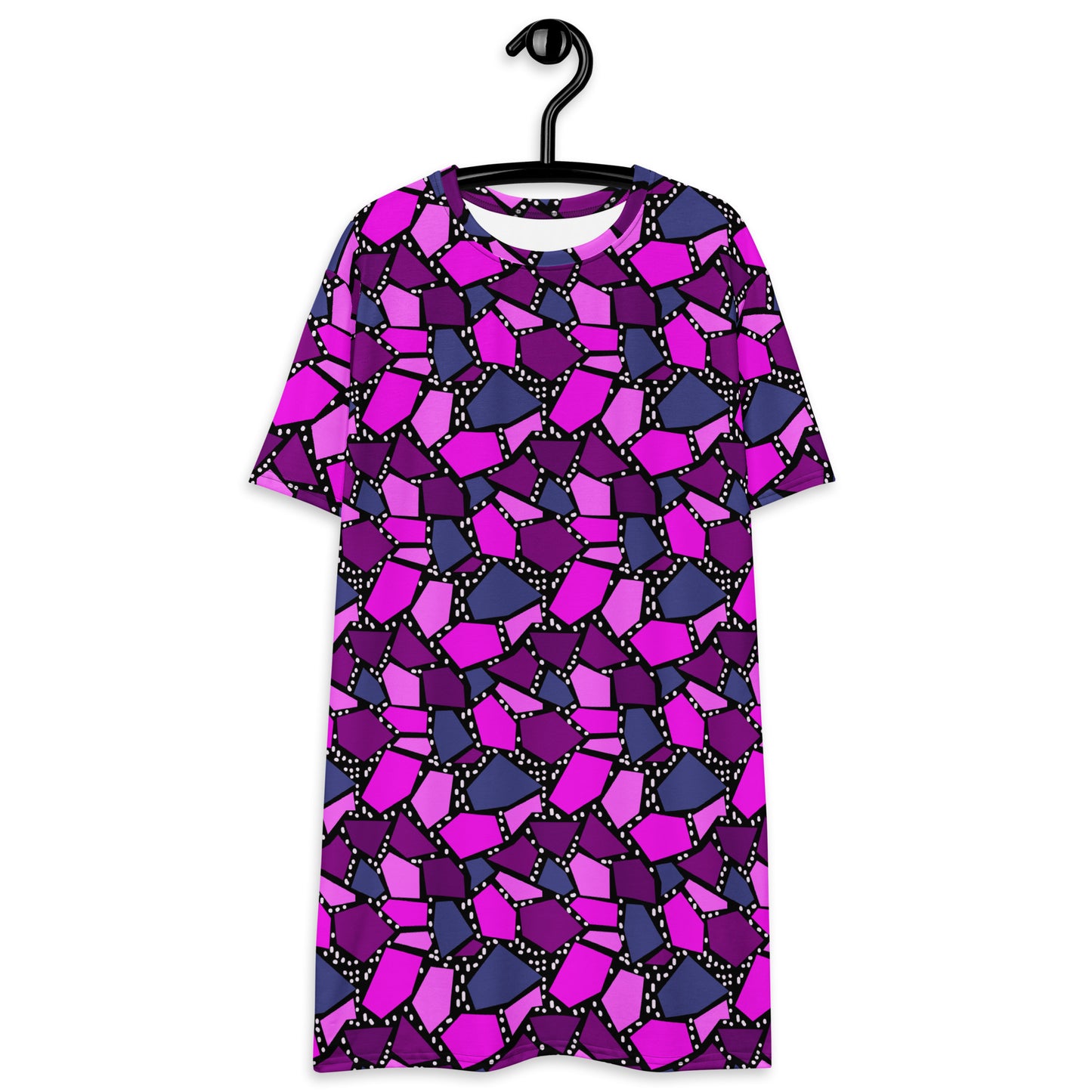  geometric patterned t-shirt dress in a vibrant futuristic Synthwave colour palette against a black and white dotted background. Available here in a metallic purple style.