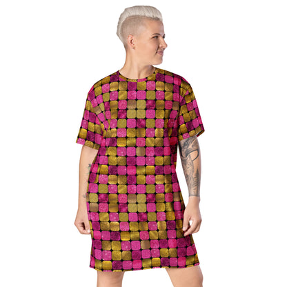 Glamorous disco style t-shirt dress with geometric pink gold glitter effect. For anyone who loves to perform and show off their unique personality. Retro style alternative fa