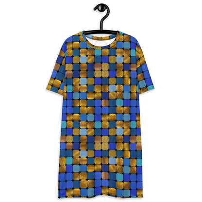 Glamorous disco style t-shirt dress with geometric blue gold glitter effect. For anyone who loves to perform and show off their unique personality. Retro style alternative fashion.