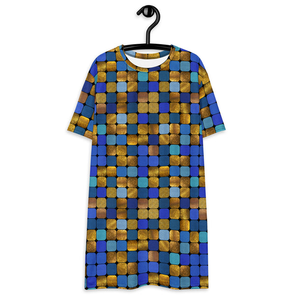 Glamorous disco style t-shirt dress with geometric blue gold glitter effect. For anyone who loves to perform and show off their unique personality. Retro style alternative fashion.