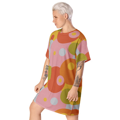 Retro Groovy Patterned T-shirt Dress | 60s 70s Style Abstract Circular Summer Fashion | Harajuku Pastel Punk Alt JFashion. Soft pastel punk geometric circles all over print design shirt dress in bold fun summer vibes. Circular 2D 80s Memphis style.