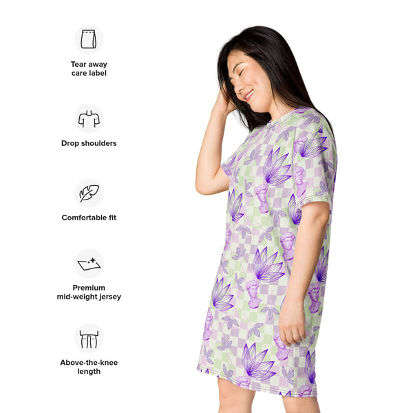 Pastel Floral Geometric whimsigoth Style T-shirt Dress | Vapowave Clothing | Botanical Shirtdress | Retrowave Streetwear Fashion. Michelangelo David status with flowers on checked design in purple and lime green
