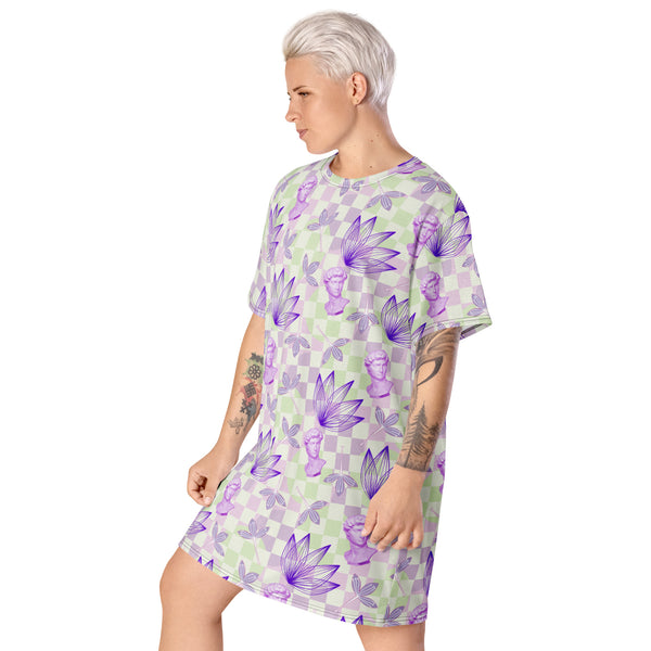 Pastel Floral Geometric whimsigoth Style T-shirt Dress | Vapowave Clothing | Botanical Shirtdress | Retrowave Streetwear Fashion. Michelangelo David status with flowers on checked design in purple and lime green