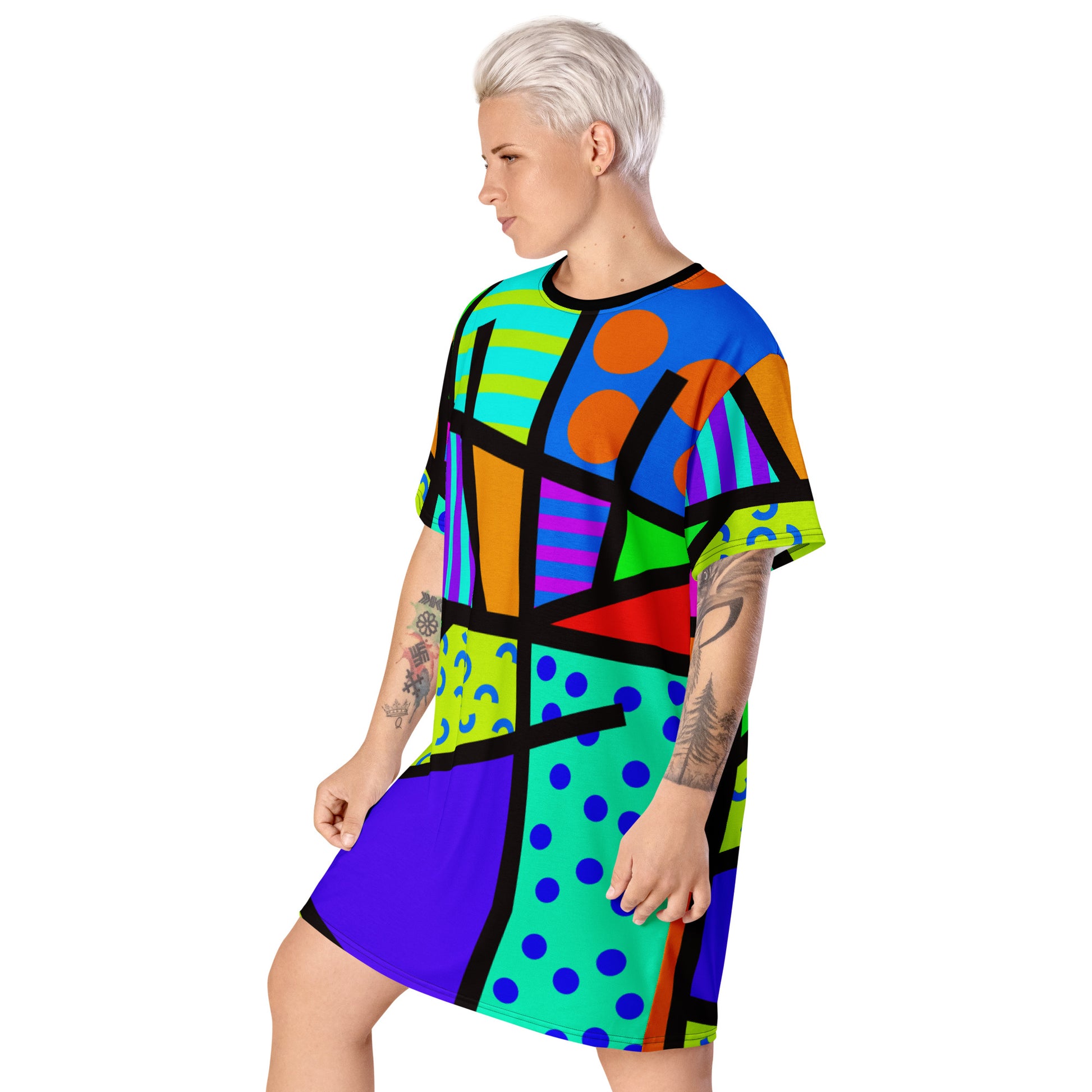 Crazy geometric patterned t-shirt dress in a Harajuku fashion style with Pop Kei, Kedeko Kei and Yume Kawaii vibes. Colorful patterns on this unique Decora Kei streetwear or otherwise night shirt fashion staple by BillingtonPix