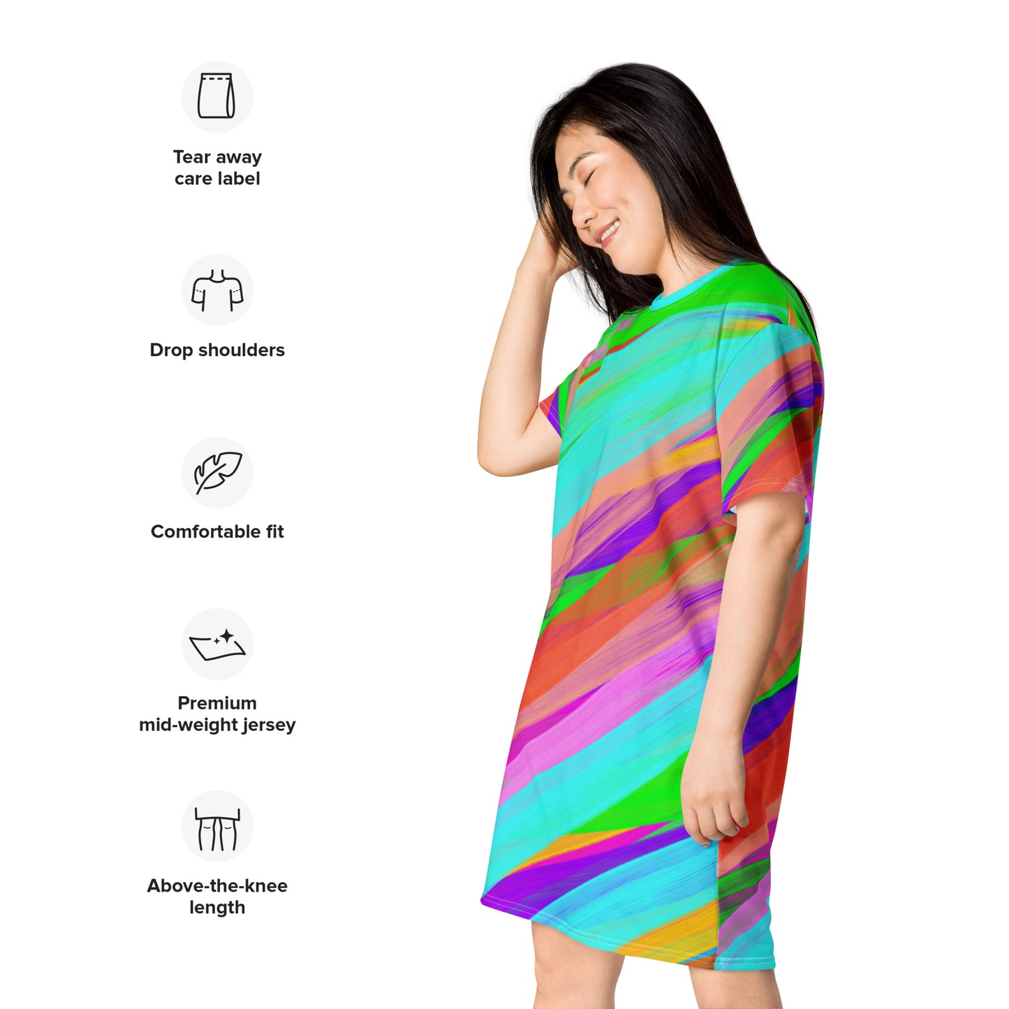 Harajuku oversize t-shirt dress in hedeko kei bright colourful paint stripes. Wearable art. Yume kawaii fashion, clubbing outfit. Stripy ravewear and clubbing outfit. Rainbowcore aesthetic