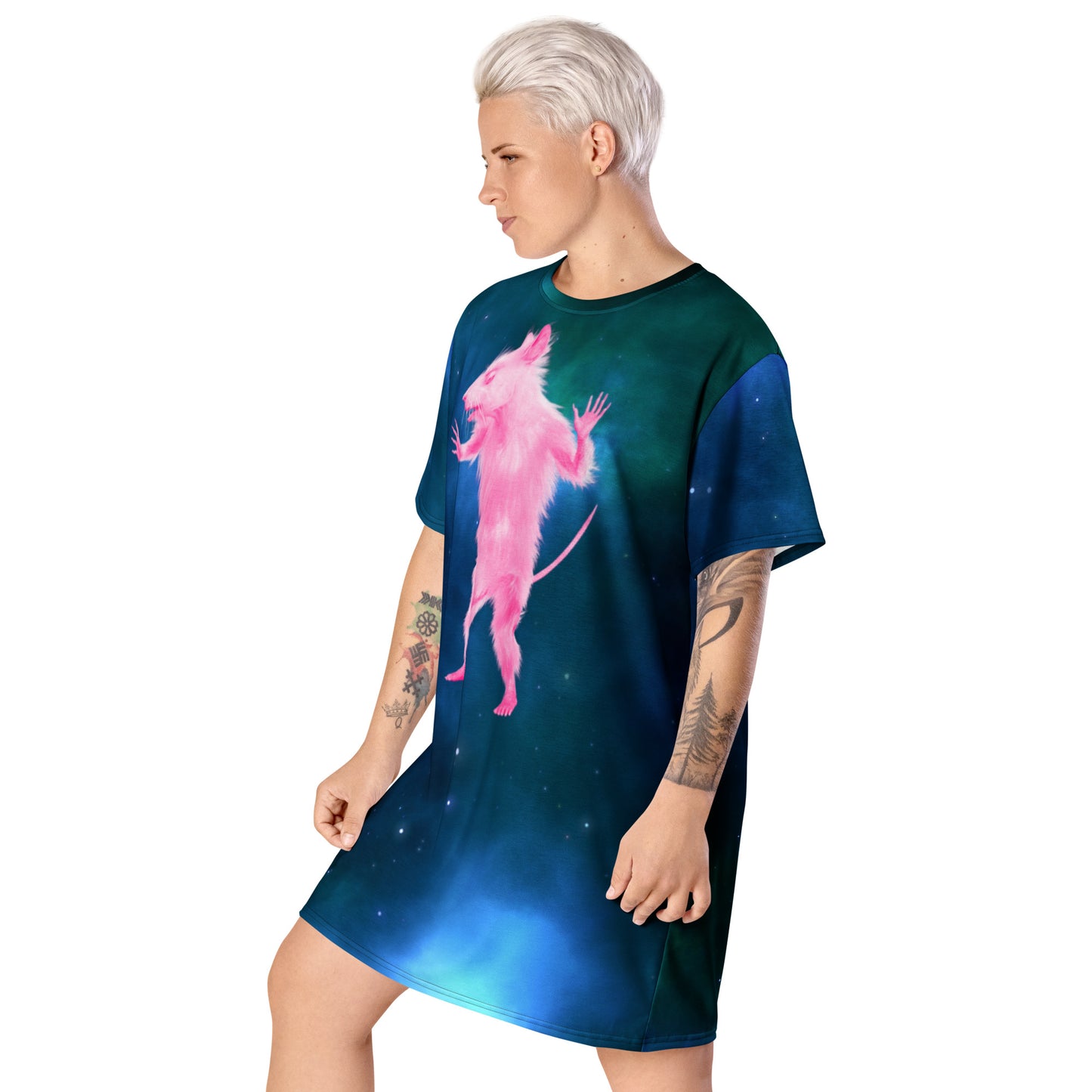 Space Rat T-shirt Dress | Funny Graphic Long Shirt Tee | Pink Pastel Punk Mouse | Celestial Animal Meme Shirt | Trending Festival Clothing