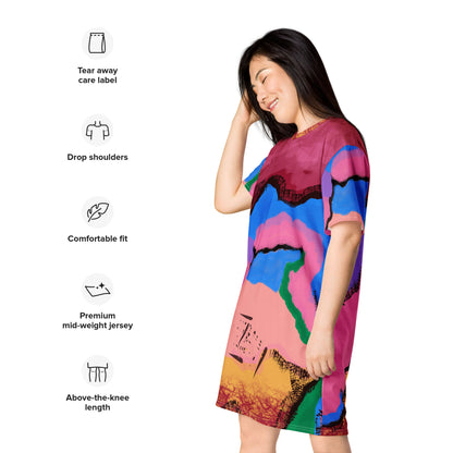 Abstract Art T-shirt dress | Pastel Goth Tie-Dye Style Graphic Shirt Dress | Festival Outfit | Clubbing Rave Gear. Purple, blue, pink, orange and green paint color blocks with a black outline.