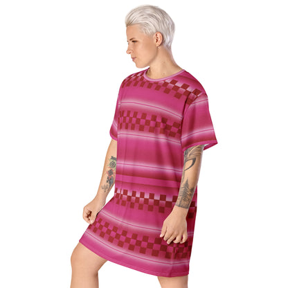 Cute all-over print graphic t-shirt dress with an cherry pink geometric and linear pattern.