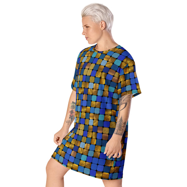 Glamorous disco style t-shirt dress with geometric blue gold glitter effect. For anyone who loves to perform and show off their unique personality. Retro style alternative fashion.
