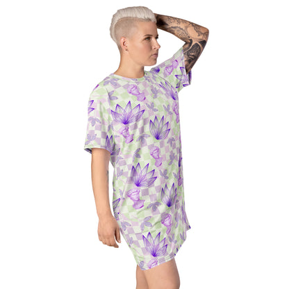 Pastel Floral Geometric whimsigoth Style T-shirt Dress | Vapowave Clothing | Botanical Shirtdress | Retrowave Streetwear Fashion. Michelangelo David status with flowers on checked design in purple and lime green