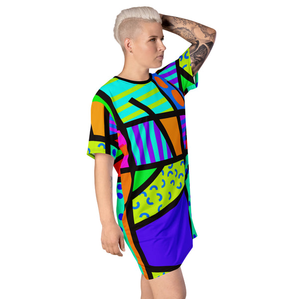 Crazy geometric patterned t-shirt dress in a Harajuku fashion style with Pop Kei, Kedeko Kei and Yume Kawaii vibes. Colorful patterns on this unique Decora Kei streetwear or otherwise night shirt fashion staple by BillingtonPix