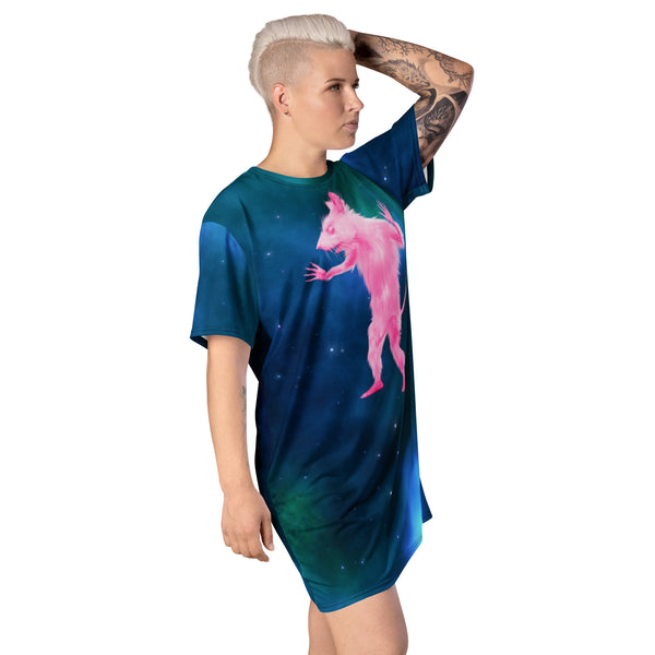 Space Rat T-shirt Dress | Funny Graphic Long Shirt Tee | Pink Pastel Punk Mouse | Celestial Animal Meme Shirt | Trending Festival Clothing