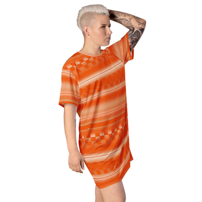 all-over print graphic t-shirt dress with an orange geometric and linear pattern