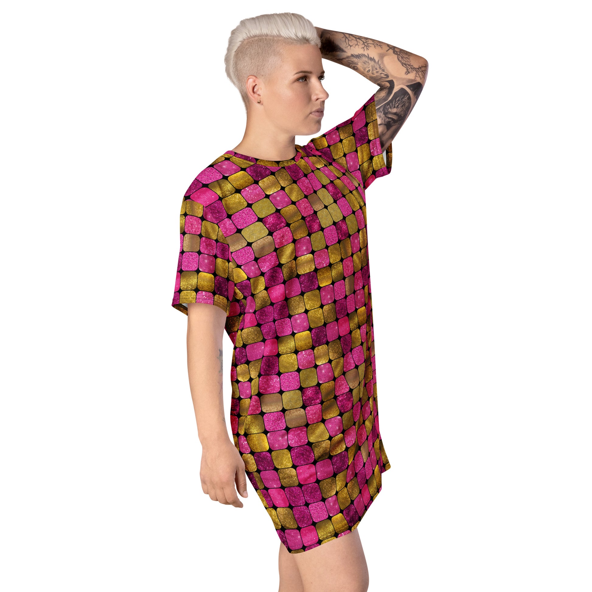 Glamorous disco style t-shirt dress with geometric pink gold glitter effect. For anyone who loves to perform and show off their unique personality. Retro style alternative fa