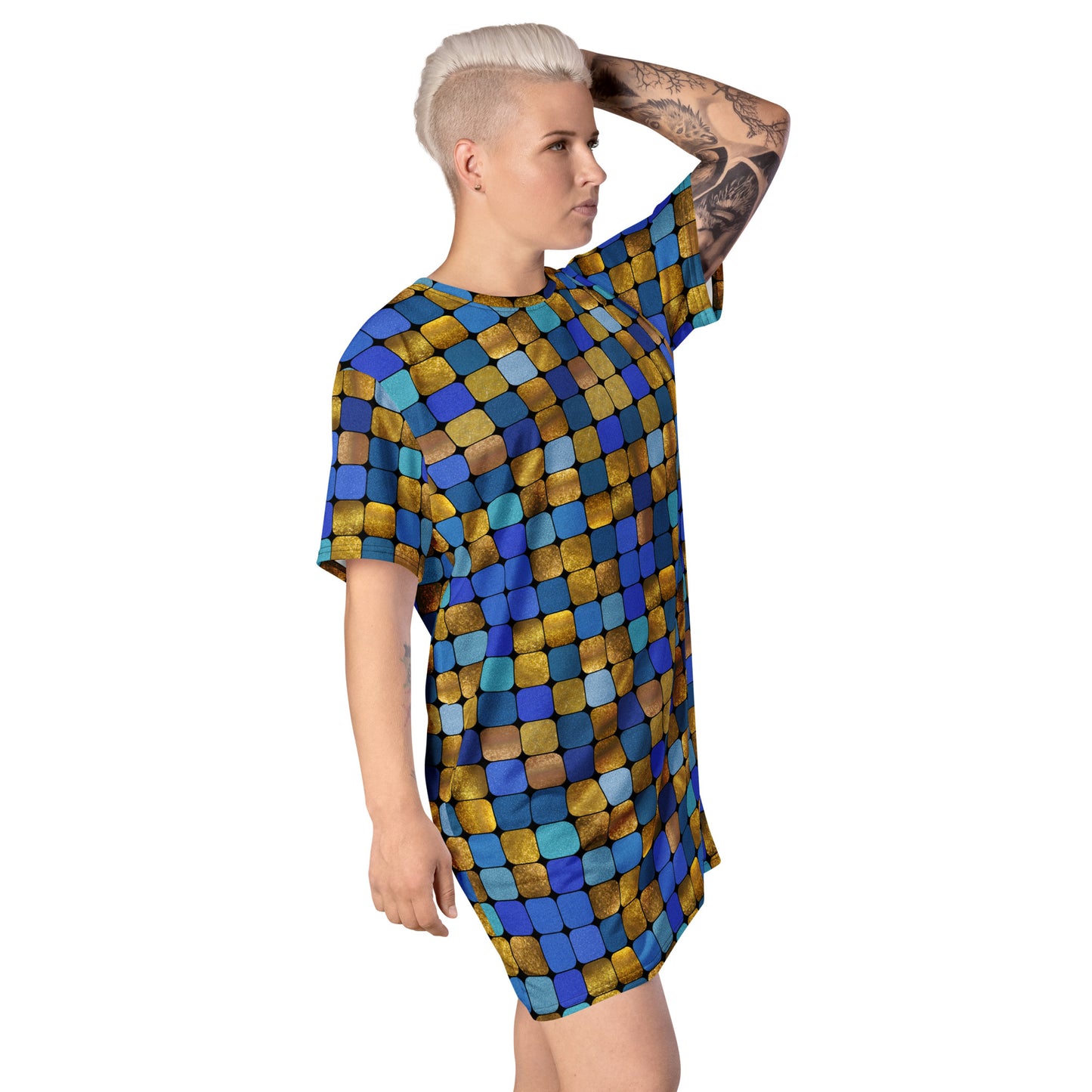 Glamorous disco style t-shirt dress with geometric blue gold glitter effect. For anyone who loves to perform and show off their unique personality. Retro style alternative fashion.