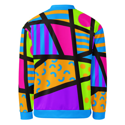 Unisex bomber jacket in vibrant geometric design. Popping colors with long sleeves, front zipper, blue collar and cuffs.