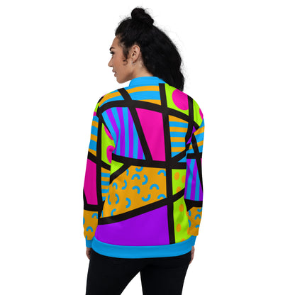 Unisex bomber jacket in vibrant geometric design. Popping colors with long sleeves, front zipper, blue collar and cuffs.