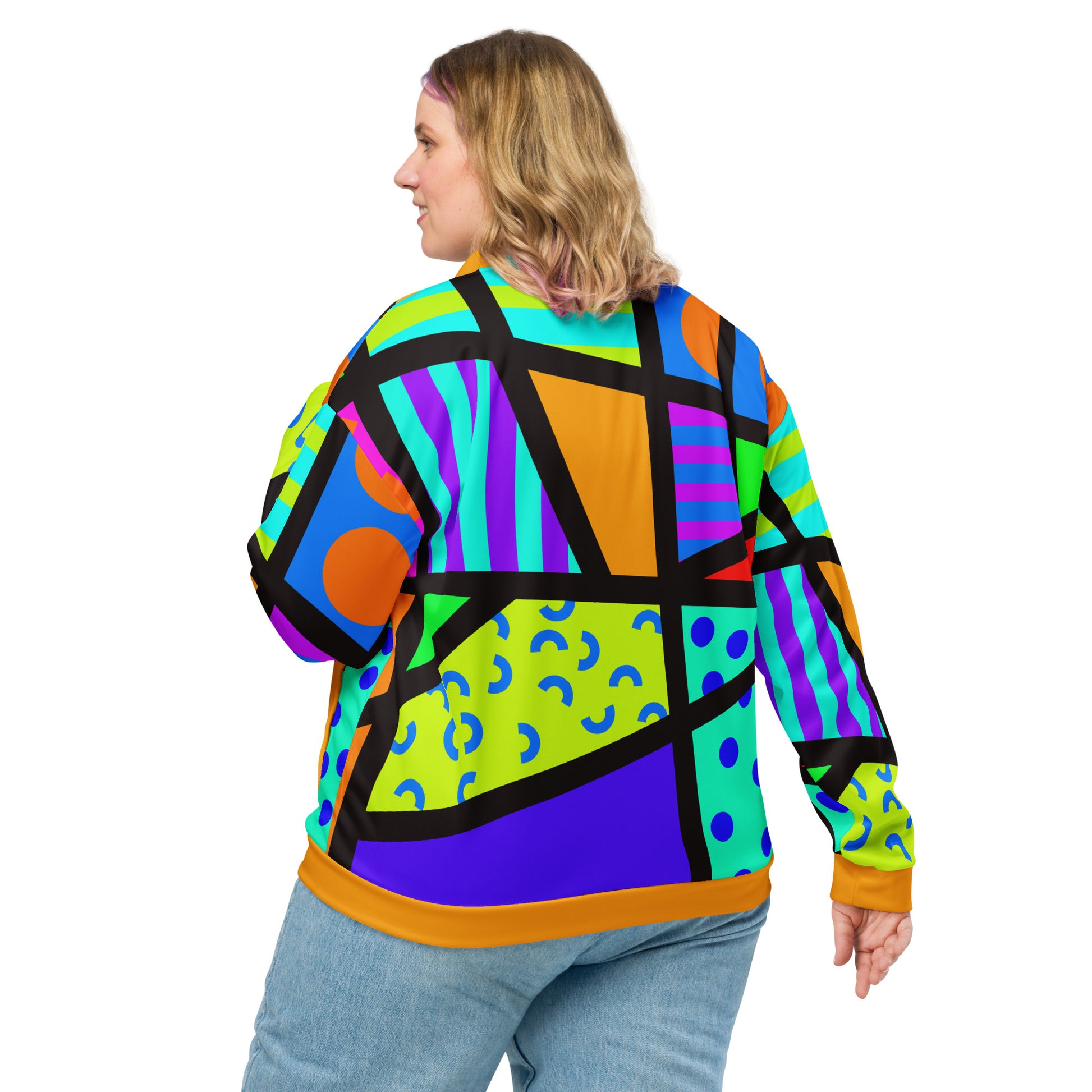 Unisex bomber jacket in vibrant geometric design. Rainbow colors with long sleeves, front zipper, orange collar and cuffs.