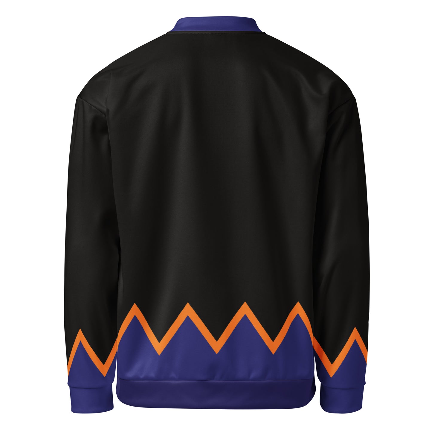 black and navy wrestling bomber jacket with orange detailing, rear facing