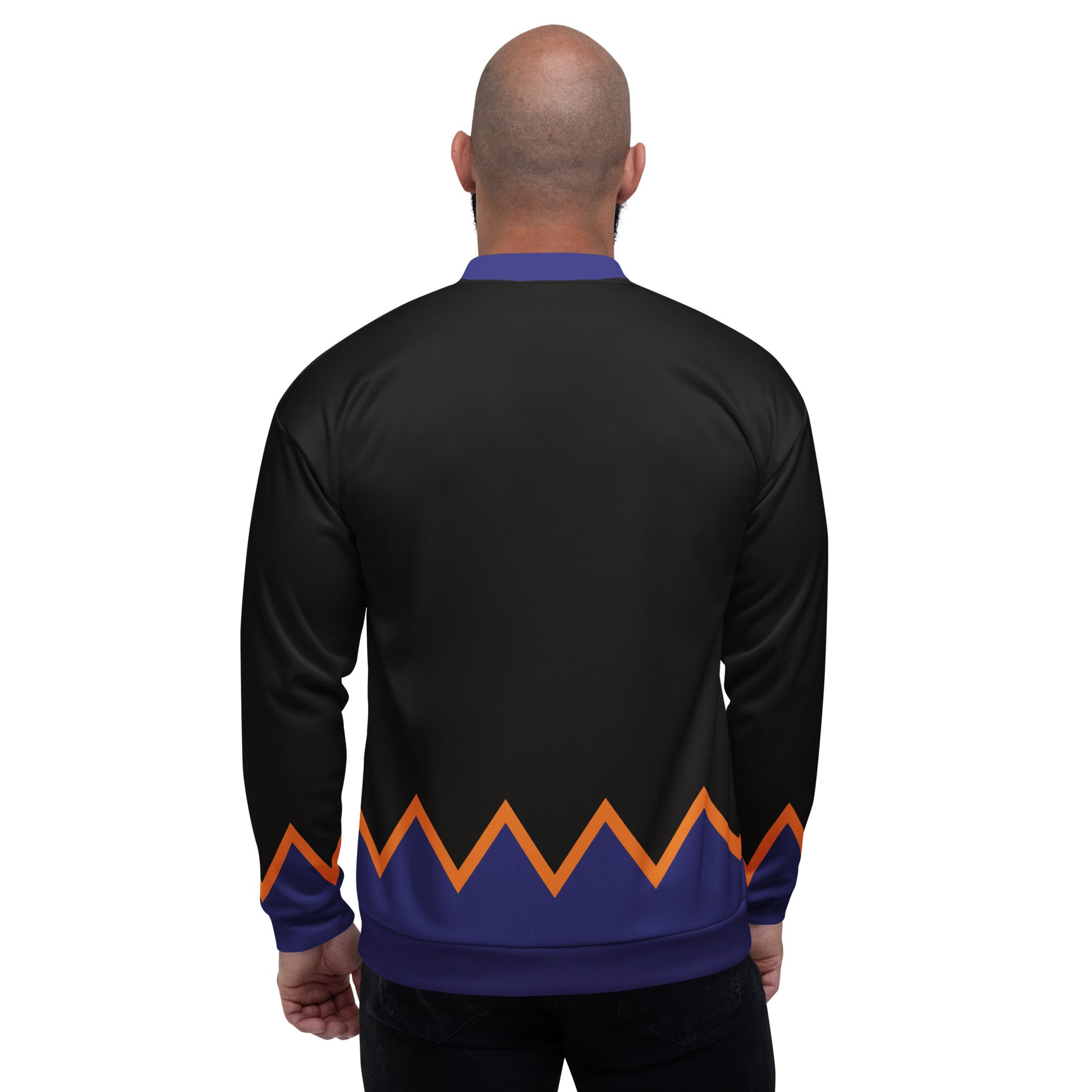 black and navy wrestling bomber jacket with orange detailing, rear facing