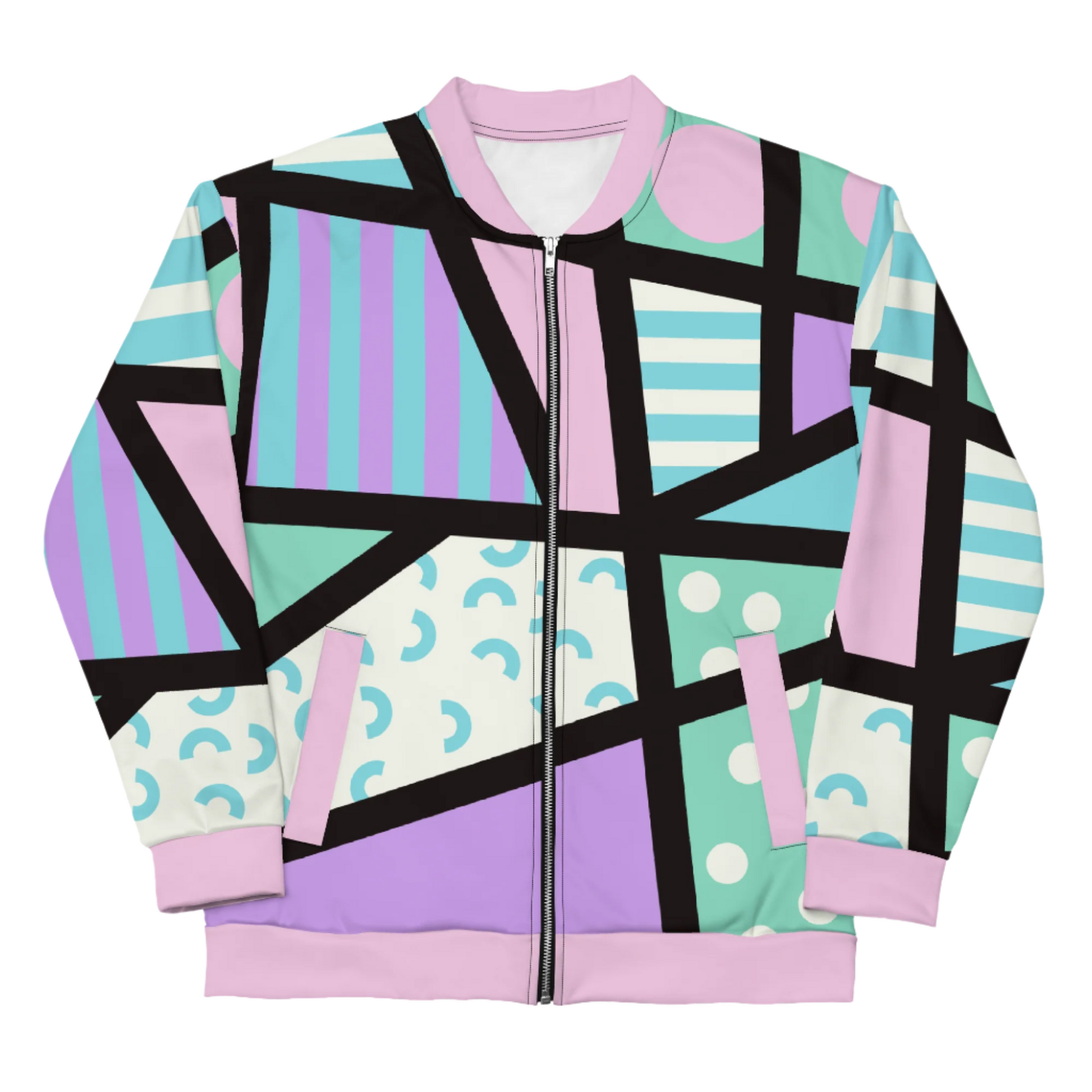 Unisex bomber jacket in vibrant geometric design. Pastel colors with long sleeves, front zipper, pink collar and cuffs.