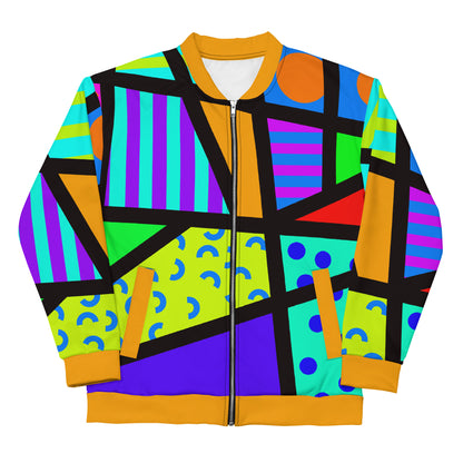 Unisex bomber jacket in vibrant geometric design. Rainbow colors with long sleeves, front zipper, orange collar and cuffs.