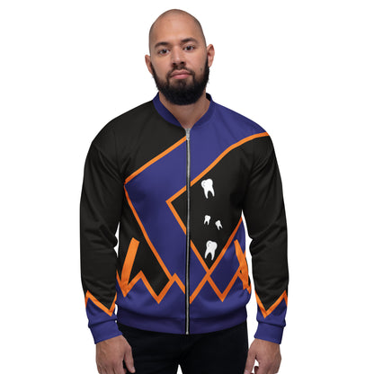 black and navy wrestling bomber jacket with orange detailing and spooky white teeth, front facing