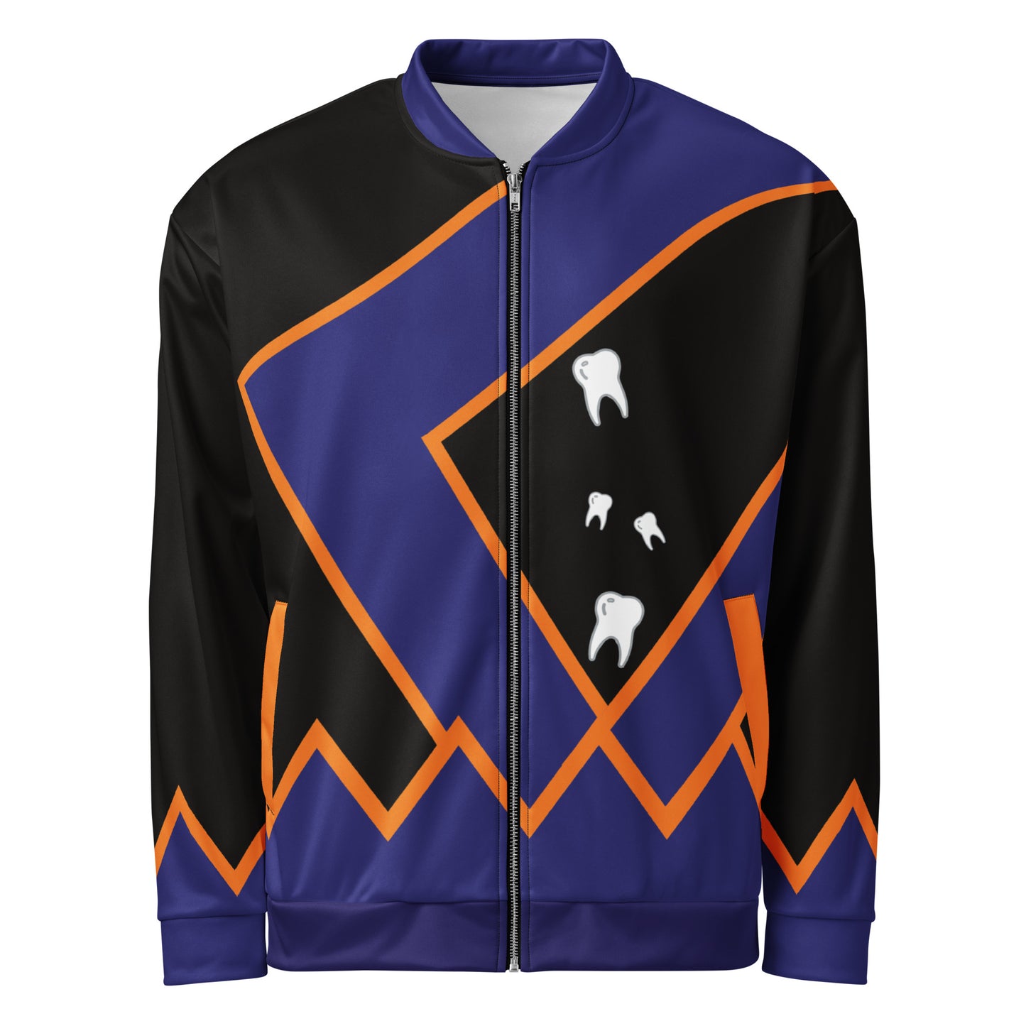 black and navy wrestling bomber jacket with orange detailing and spooky white teeth, front facing flat lay