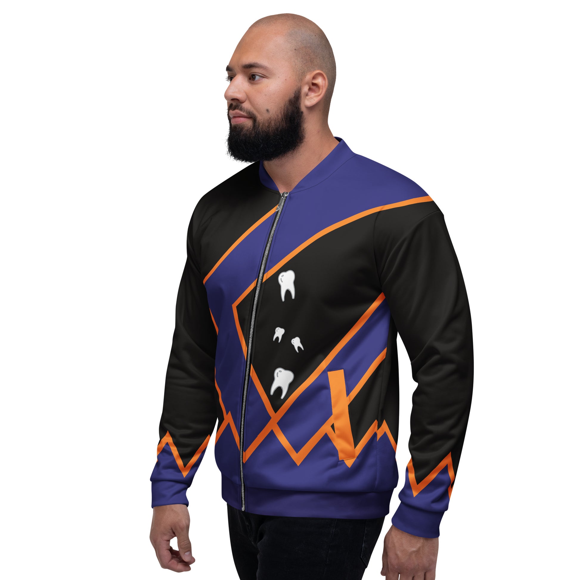 black and navy wrestling bomber jacket with orange detailing and spooky white teeth, left facing