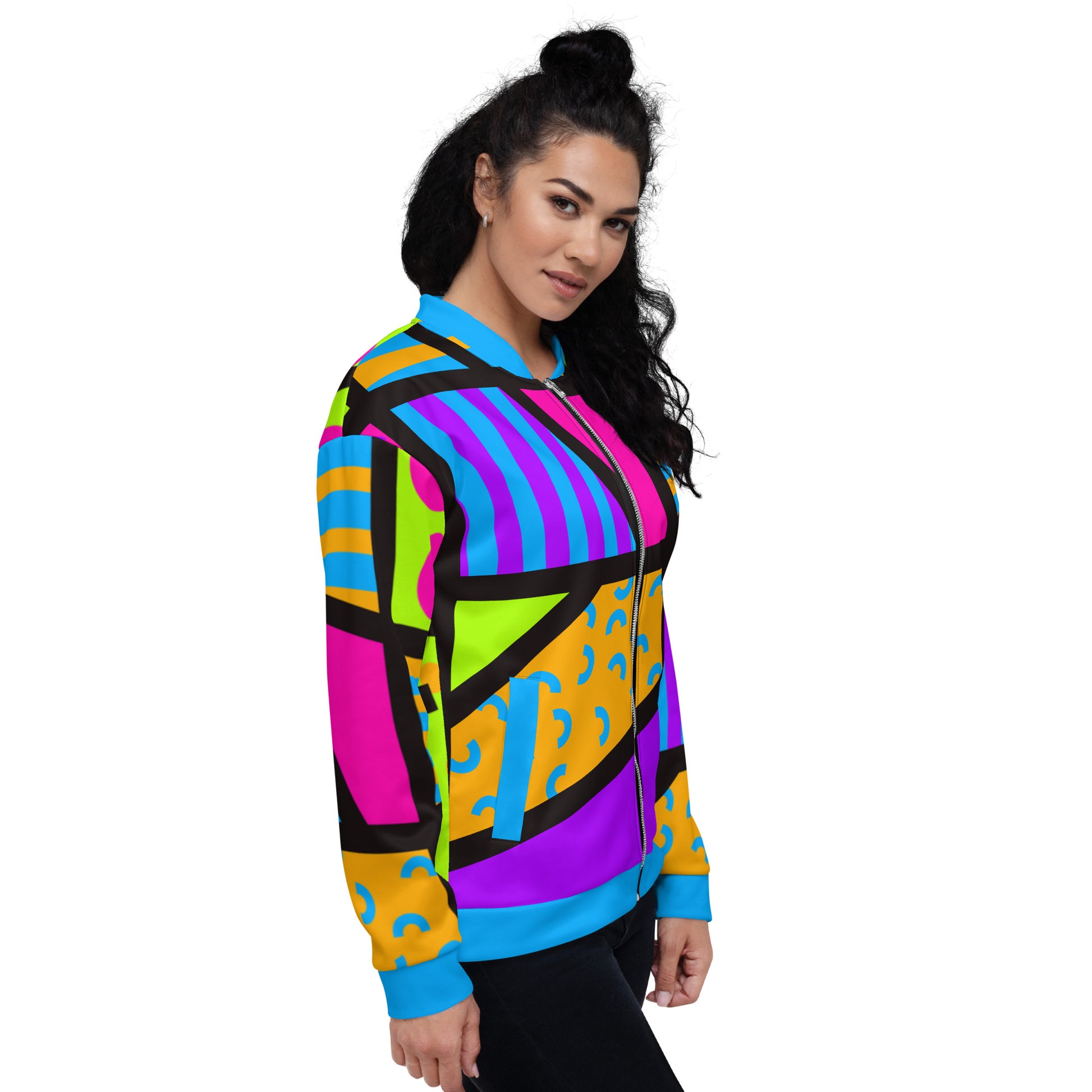 Unisex bomber jacket in vibrant geometric design. Popping colors with long sleeves, front zipper, blue collar and cuffs.