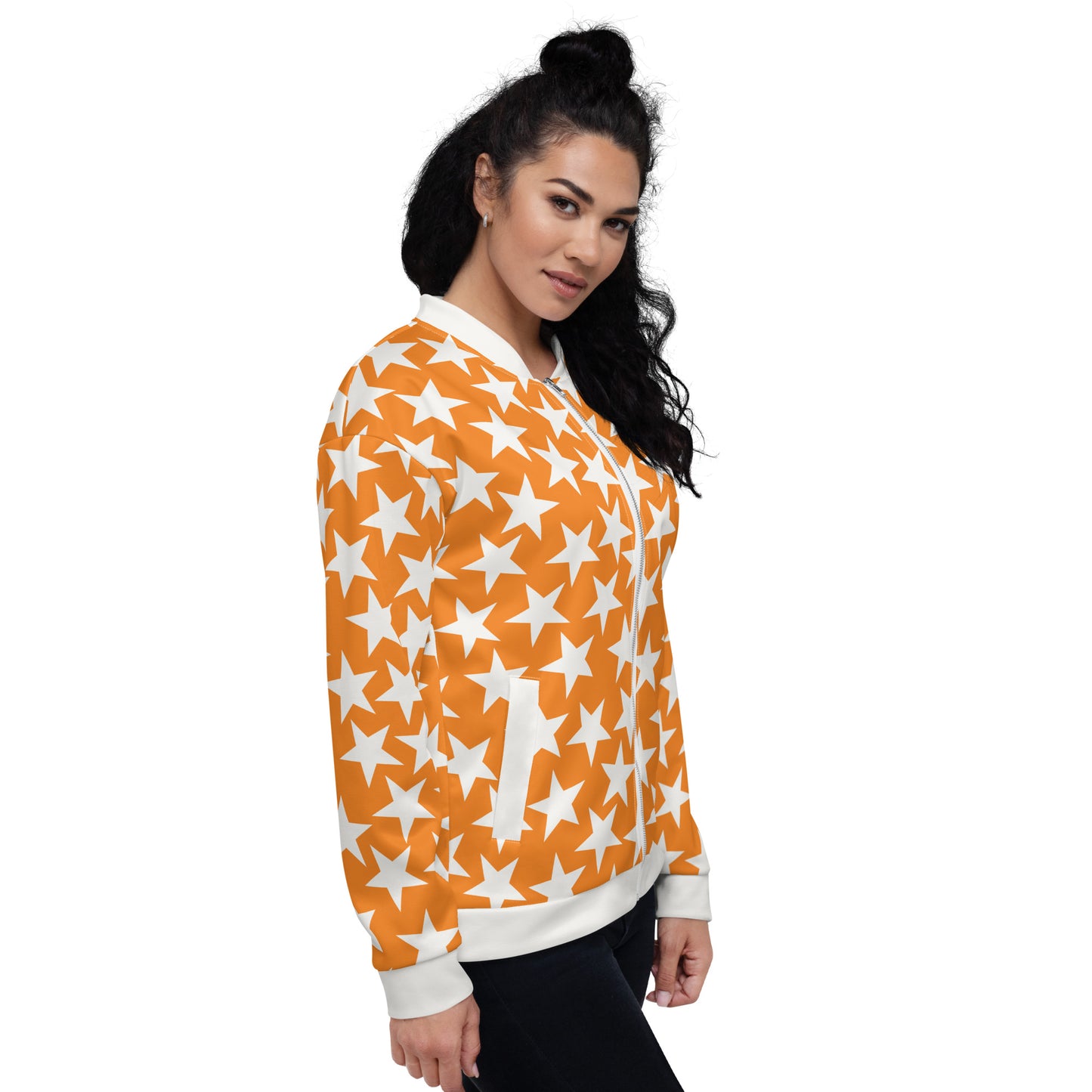 unisex bomber jacket in orange with white stars, collar, waistband and cuffs. Pro wrestling style outfit for men and women with zipper front and pockets.