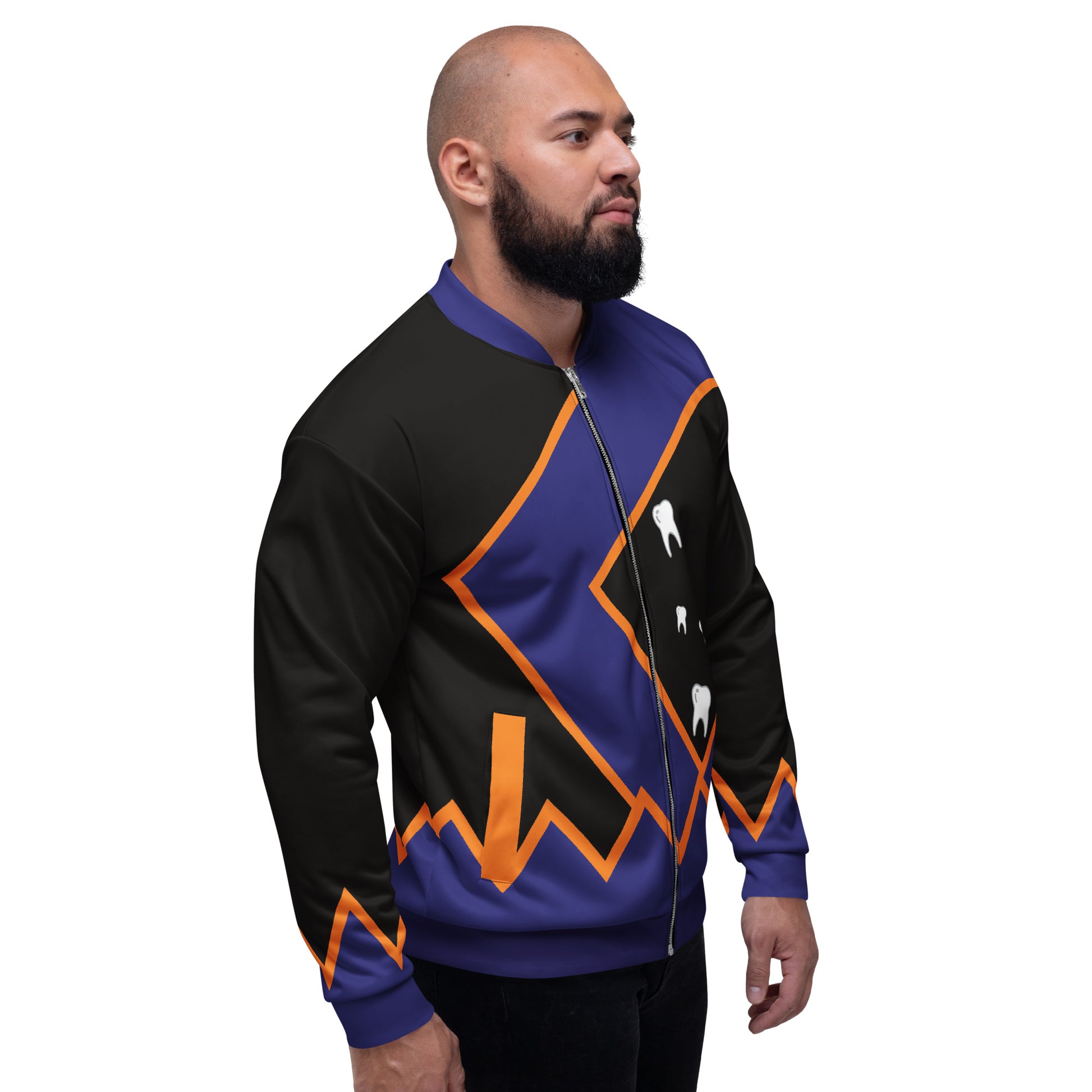 black and navy wrestling bomber jacket with orange detailing and spooky white teeth, right facing