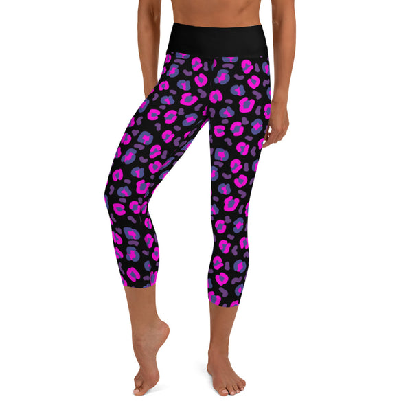 80s Glam Rock Yoga Capri Leggings, Popping Retro Style Pink Leopard Skin Print, Festival Meggings Fashion, Streetwear Athleisure for Women