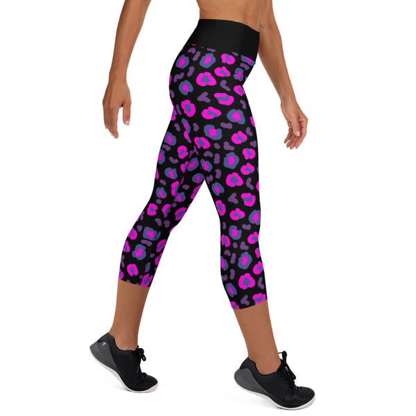 80s Glam Rock Yoga Capri Leggings, Popping Retro Style Pink Leopard Skin Print, Festival Meggings Fashion, Streetwear Athleisure for Women