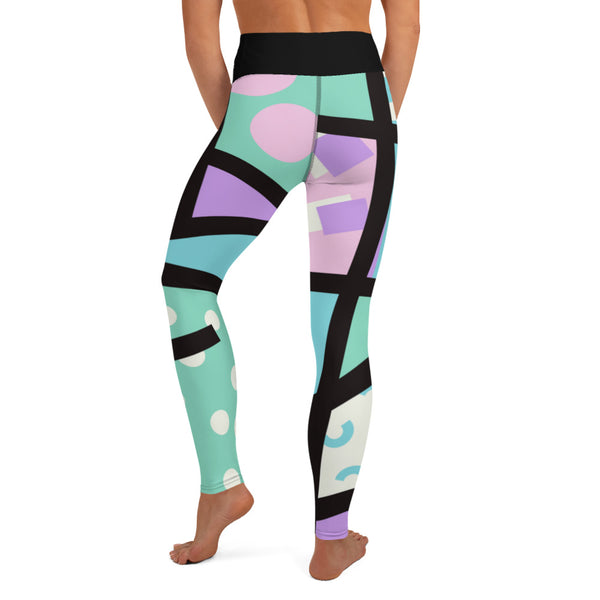Colorful yoga leggings for women with a ankle length leg and black high waistband. Geometric shapes and pattern in a Harajuku and 80s Memphis style print. These yami kawaii printed workout leggings are beautifully designed in pastel pink, purple and green.
