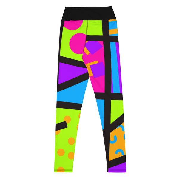 Colorful yoga leggings for women with a ankle length leg and black high waistband. Geometric shapes and pattern in a Harajuku and 80s Memphis style print. These yami kawaii printed workout leggings are beautifully designed in cerise pink, purple and lime green.