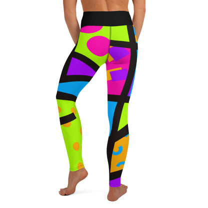 Colorful yoga leggings for women with a ankle length leg and black high waistband. Geometric shapes and pattern in a Harajuku and 80s Memphis style print. These yami kawaii printed workout leggings are beautifully designed in cerise pink, purple and lime green.