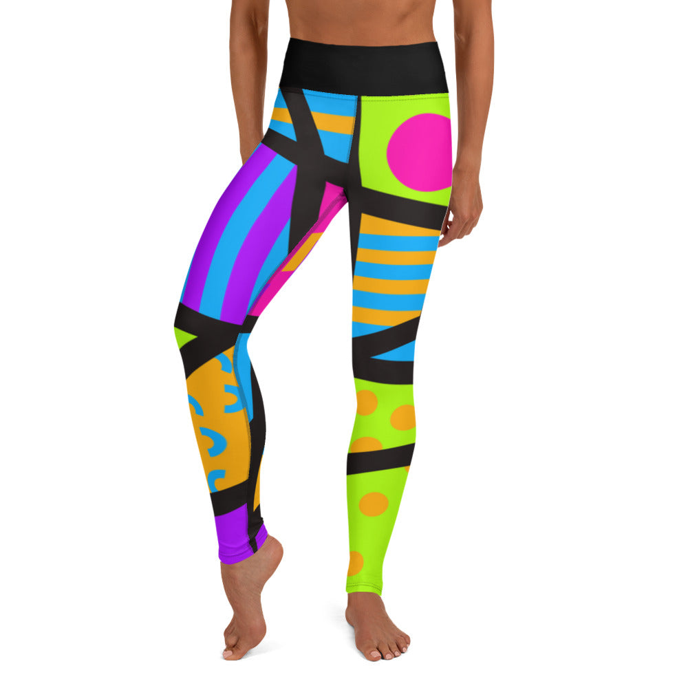 Colorful yoga leggings for women with a ankle length leg and black high waistband. Geometric shapes and pattern in a Harajuku and 80s Memphis style print. These yami kawaii printed workout leggings are beautifully designed in cerise pink, purple and lime green.