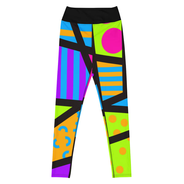 Colorful yoga leggings for women with a ankle length leg and black high waistband. Geometric shapes and pattern in a Harajuku and 80s Memphis style print. These yami kawaii printed workout leggings are beautifully designed in cerise pink, purple and lime green.