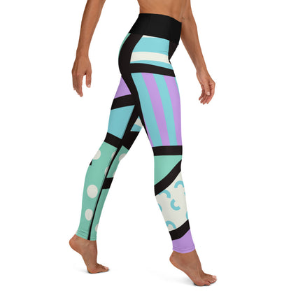 Colorful yoga leggings for women with a ankle length leg and black high waistband. Geometric shapes and pattern in a Harajuku and 80s Memphis style print. These yami kawaii printed workout leggings are beautifully designed in pastel pink, purple and green.