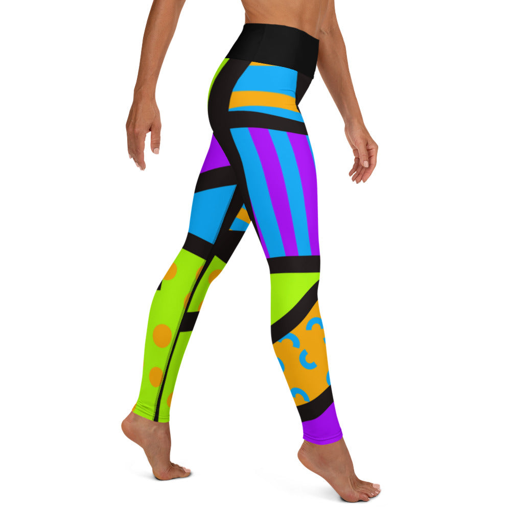 Colorful yoga leggings for women with a ankle length leg and black high waistband. Geometric shapes and pattern in a Harajuku and 80s Memphis style print. These yami kawaii printed workout leggings are beautifully designed in cerise pink, purple and lime green.