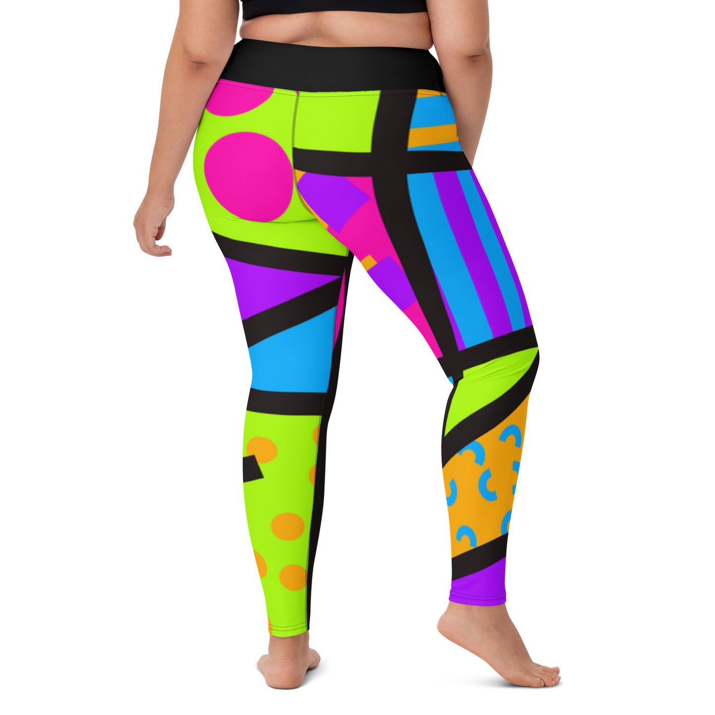 Colorful yoga leggings for women with a ankle length leg and black high waistband. Geometric shapes and pattern in a Harajuku and 80s Memphis style print. These yami kawaii printed workout leggings are beautifully designed in cerise pink, purple and lime green.