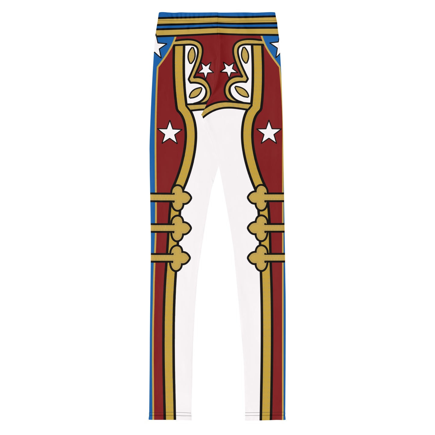 Fun American pro wrestling inspired leggings for youth and teenager in white with red and gold military design. mid-rise elasticated waistband and ankle length legs. Gender neutral fit.